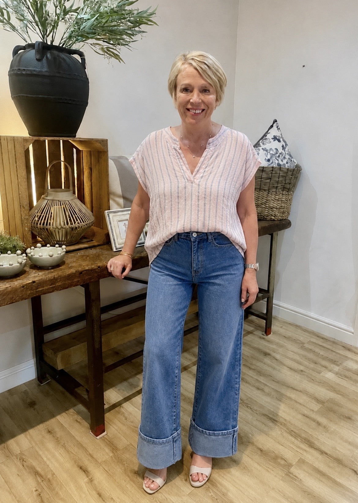 Pink Linen Stripe Top