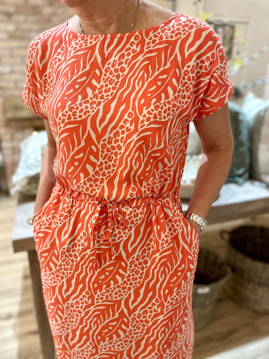 Coral & Cream Print Boat Neck Dress