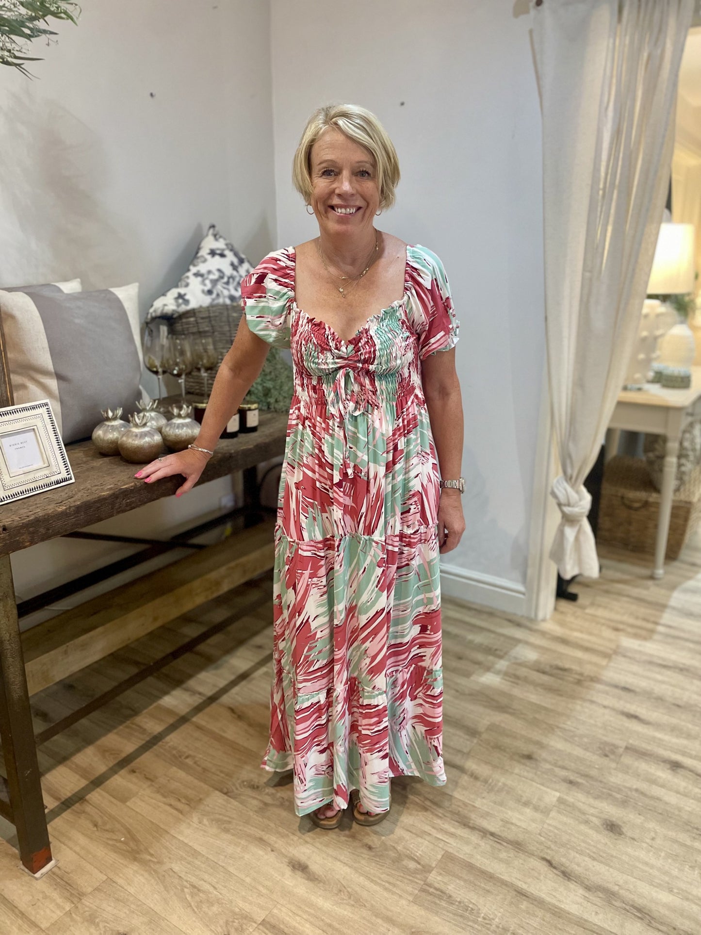 Pink Shirred Bust Frill Sleeve Blue Maxi Dress
