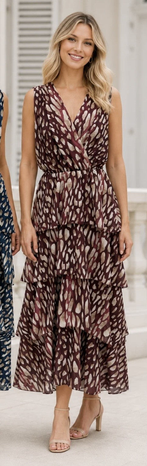 Burgundy Pebble Print Sleeveless Frilled Dress