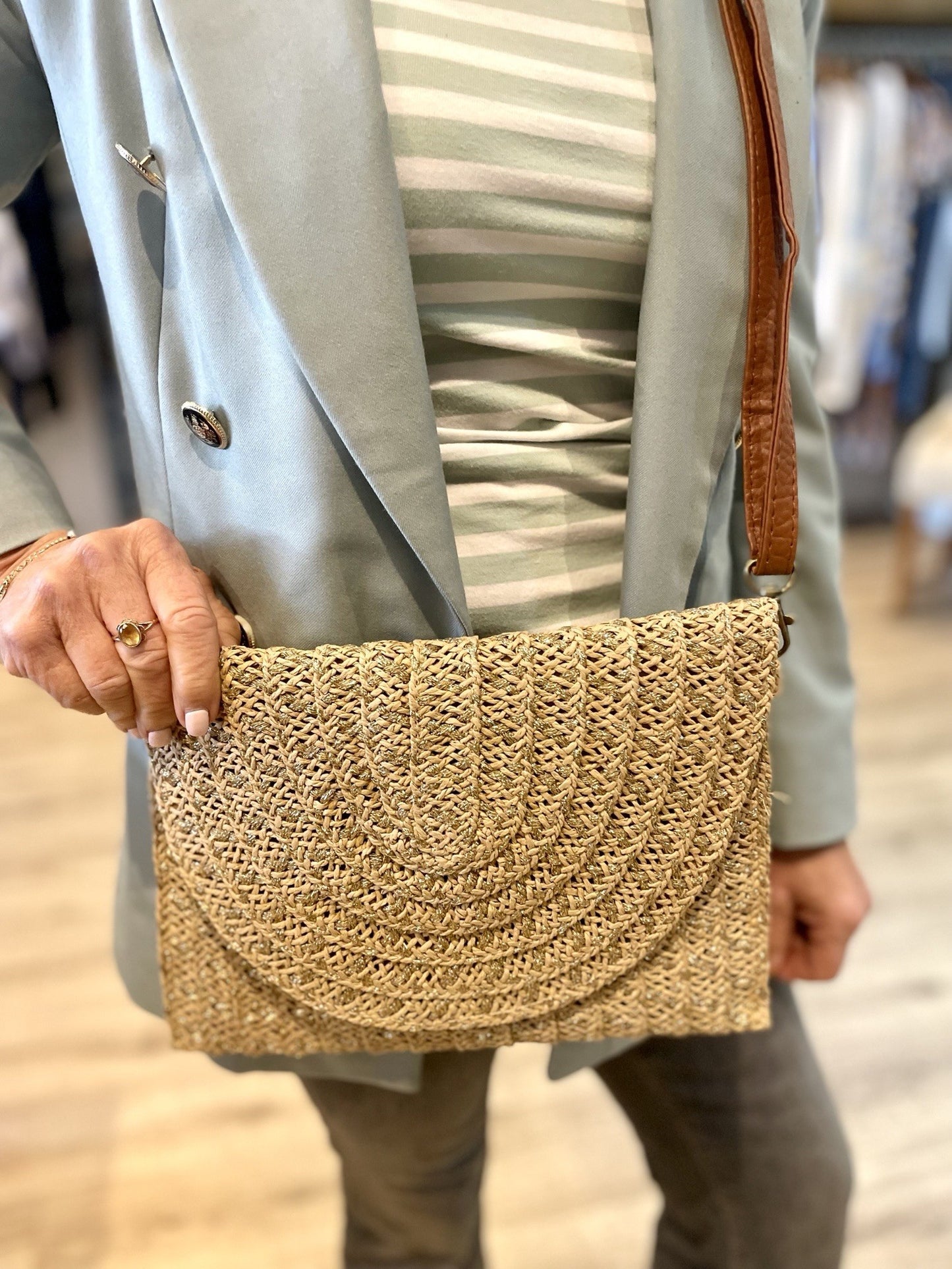 Taupe Natural Raffia Bag with Gold Metallic Thread