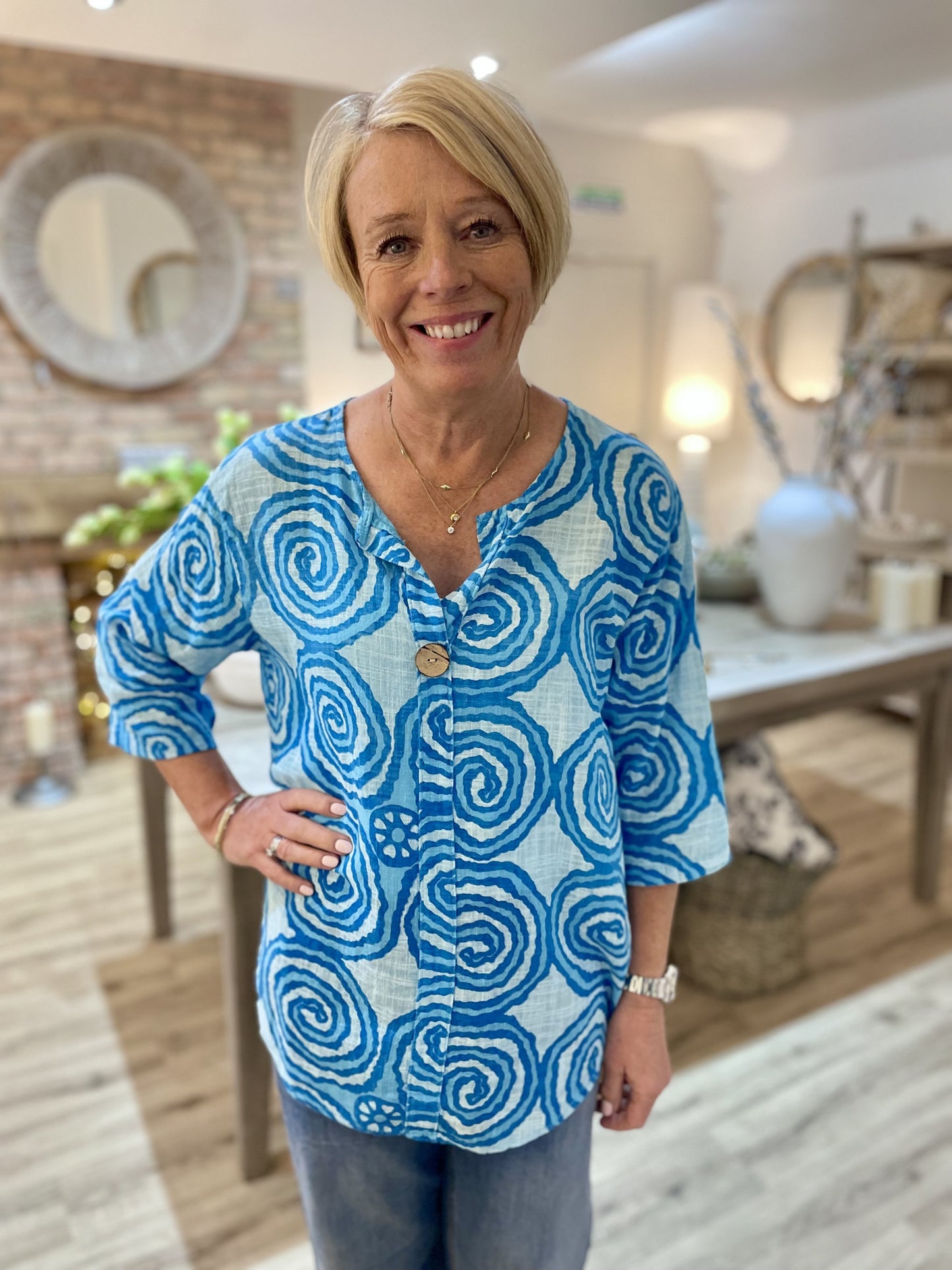 Turquoise Swirl Print Button Shirt