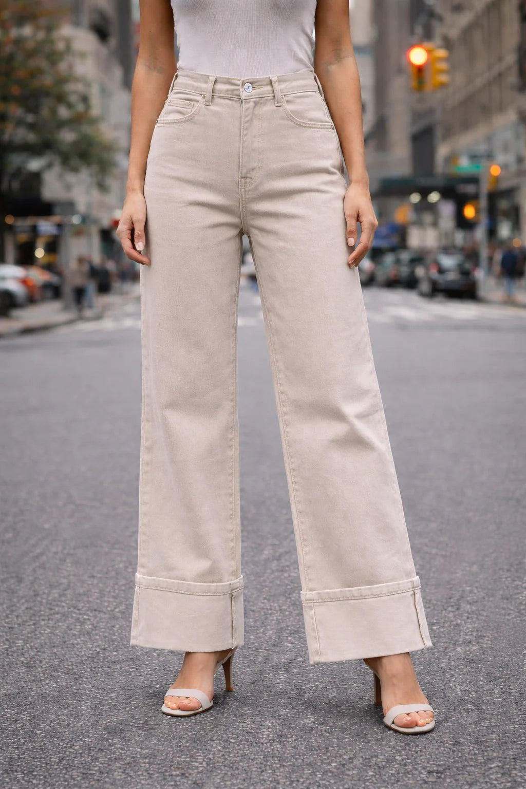 Beige Denim Turnup Wide Leg Jeans