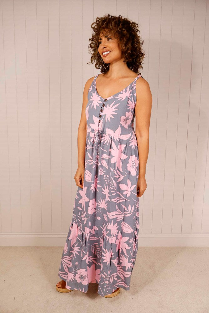 Grey Strappy Flower/Leaf Under Bust Tie Dress