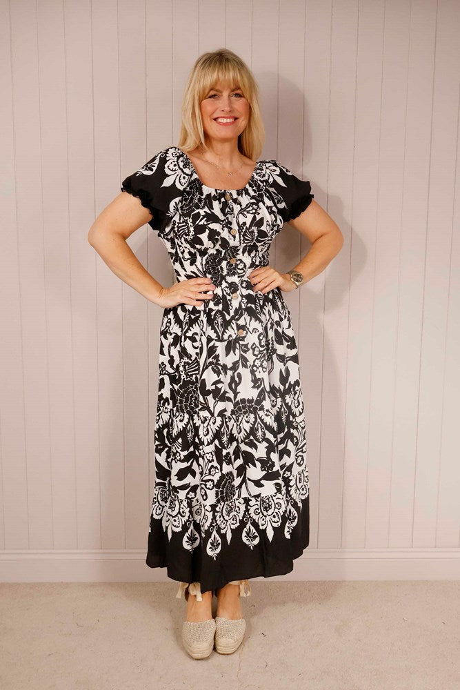 Black and White Mono Puff Sleeve Shirred Maxi Dress
