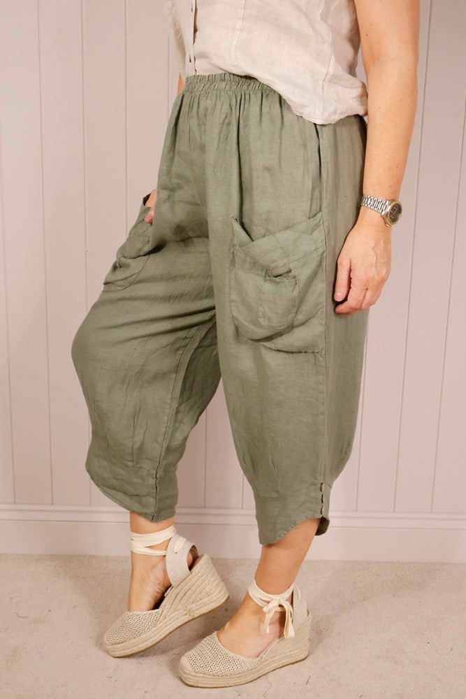 Khaki Linen Button Detail Trousers