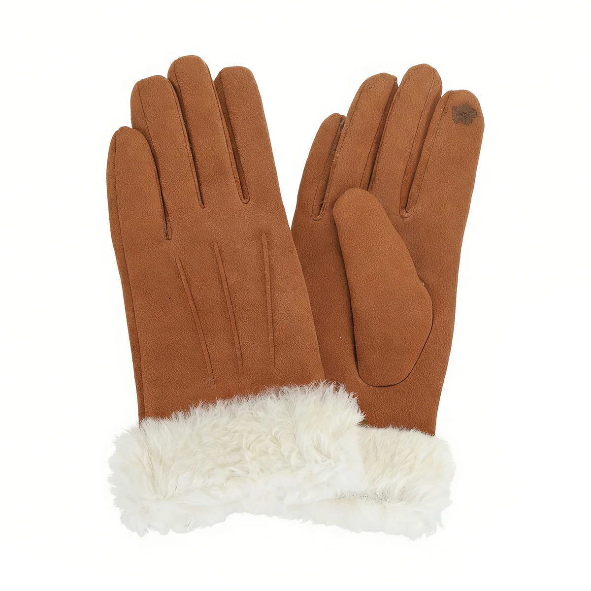 Tan Faux Suede Gloves with Shearling Trim