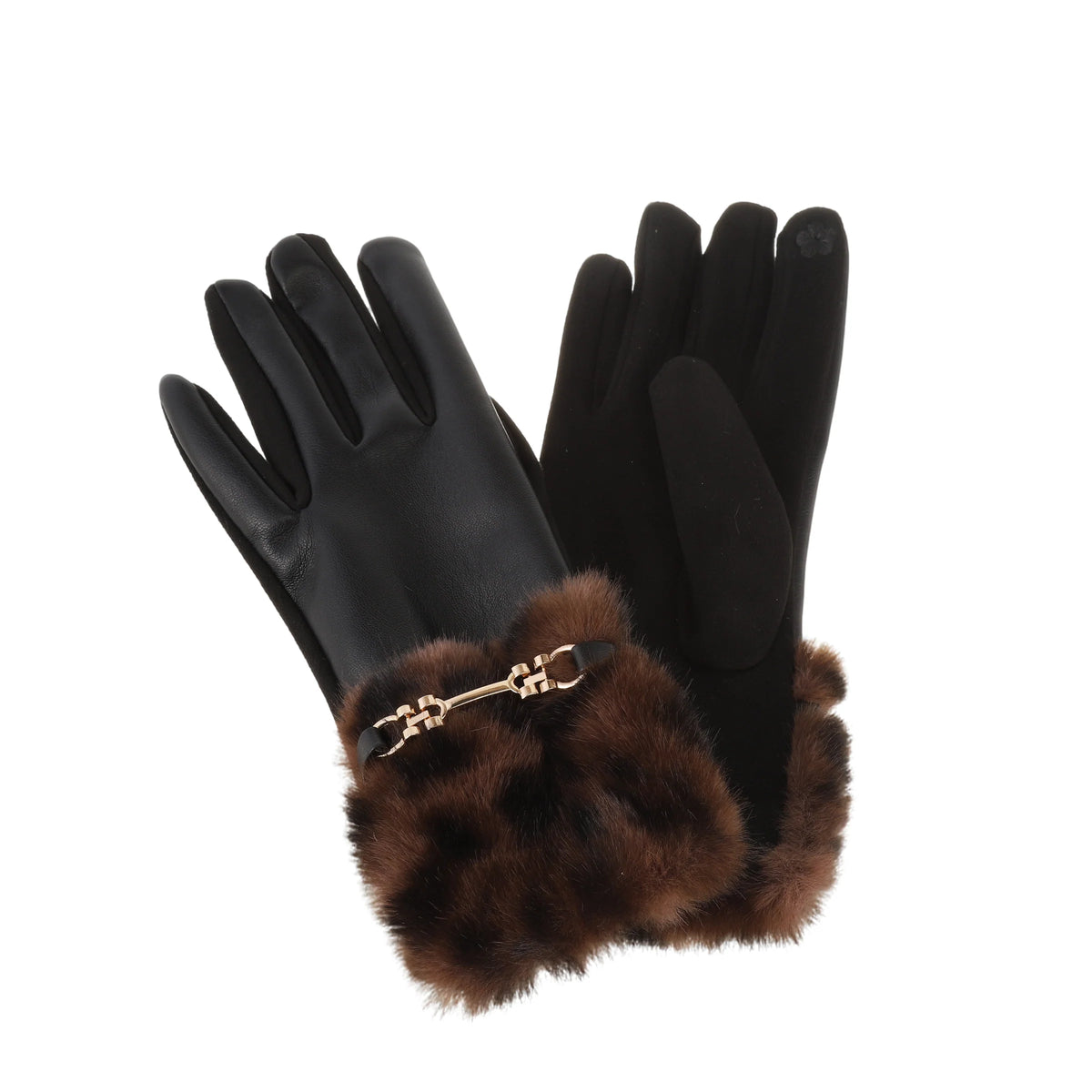 Black Faux Leather Gloves with Fur Trim
