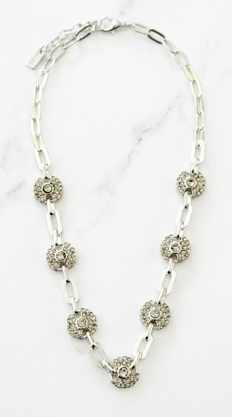 Short Silver Link Necklace with Diamante Circle Detail