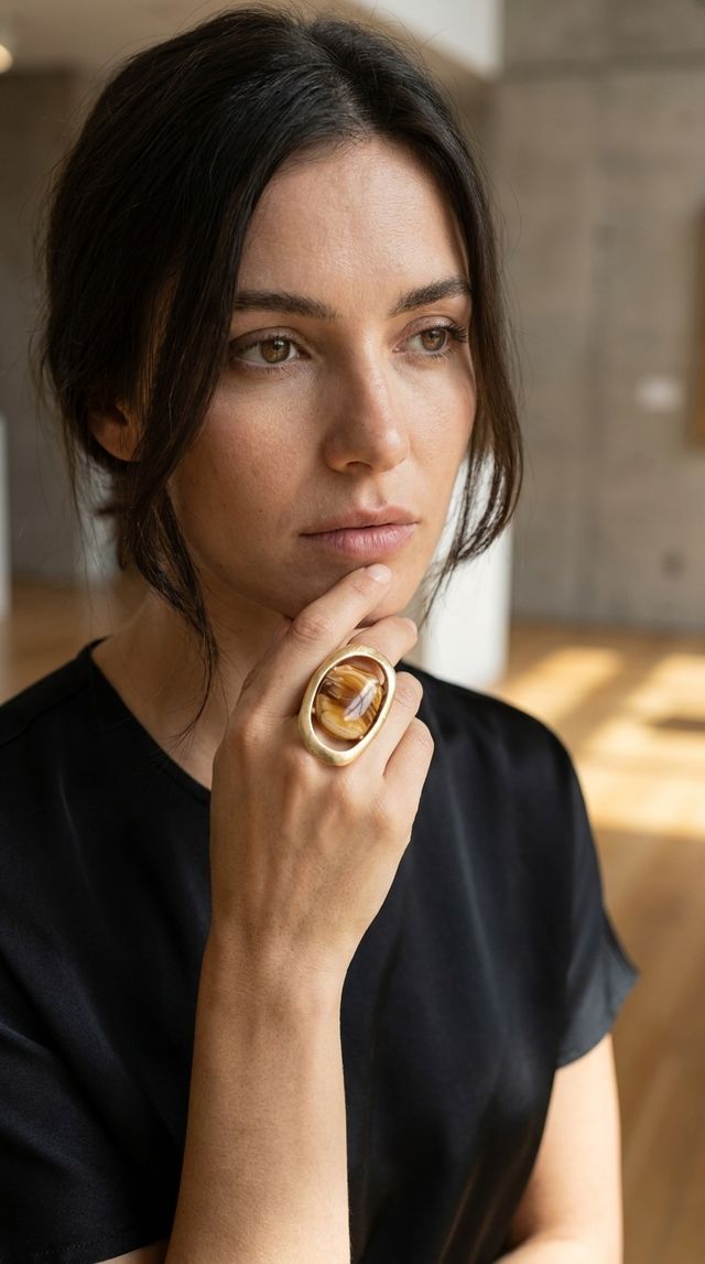 Large Gold Statement Ring with Amber Inlay