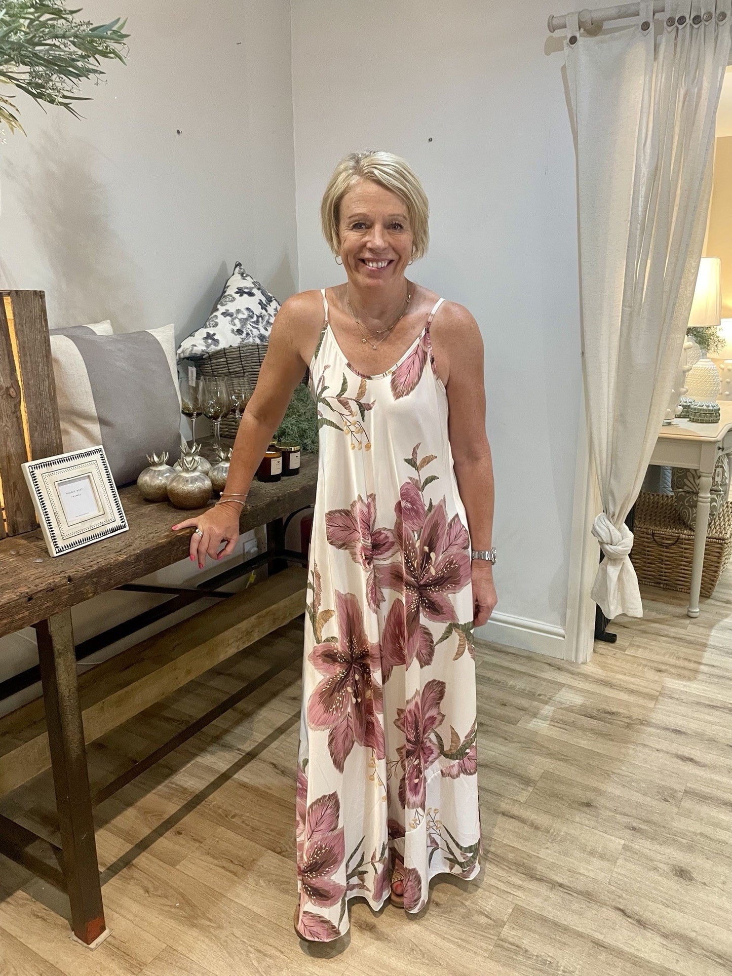 Pink Strappy Satin Look Flower Dress