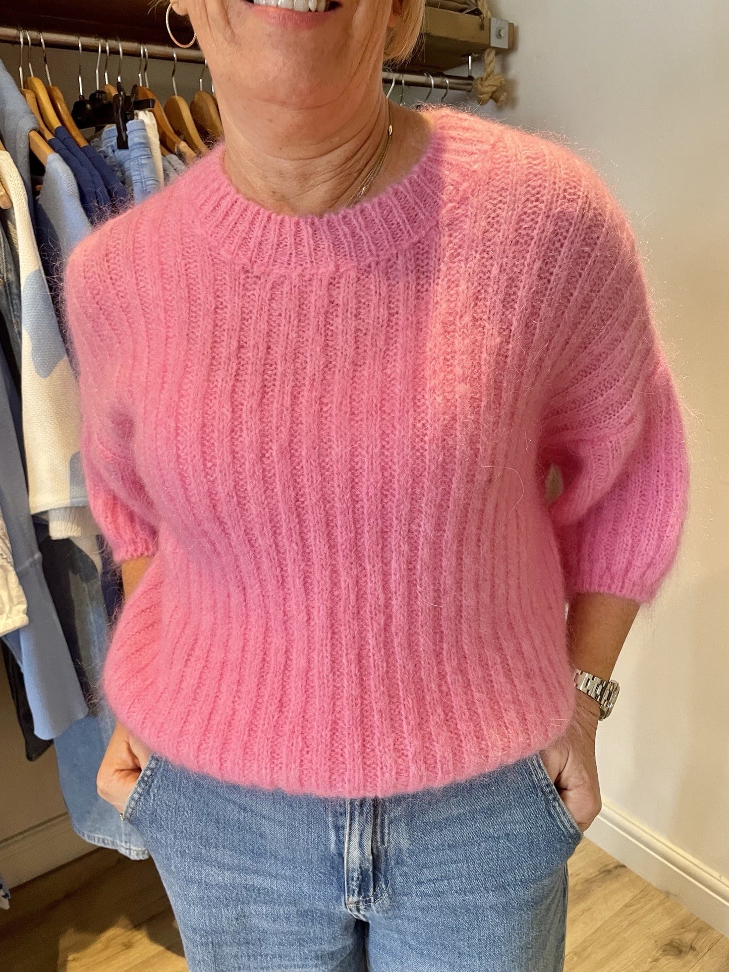Fuchsia Ribbed Kid Mohair Knit Jumper