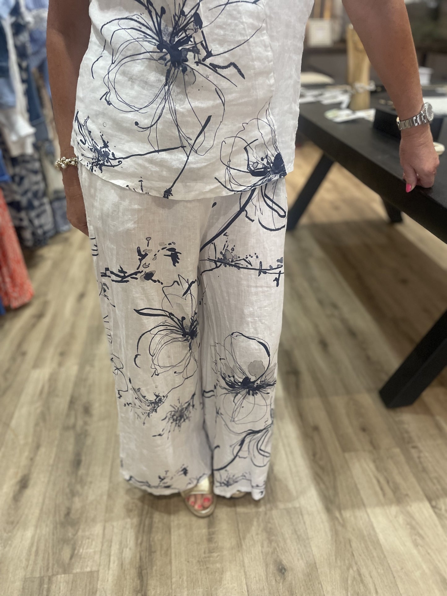 White Floral Print Wide Leg Trousers