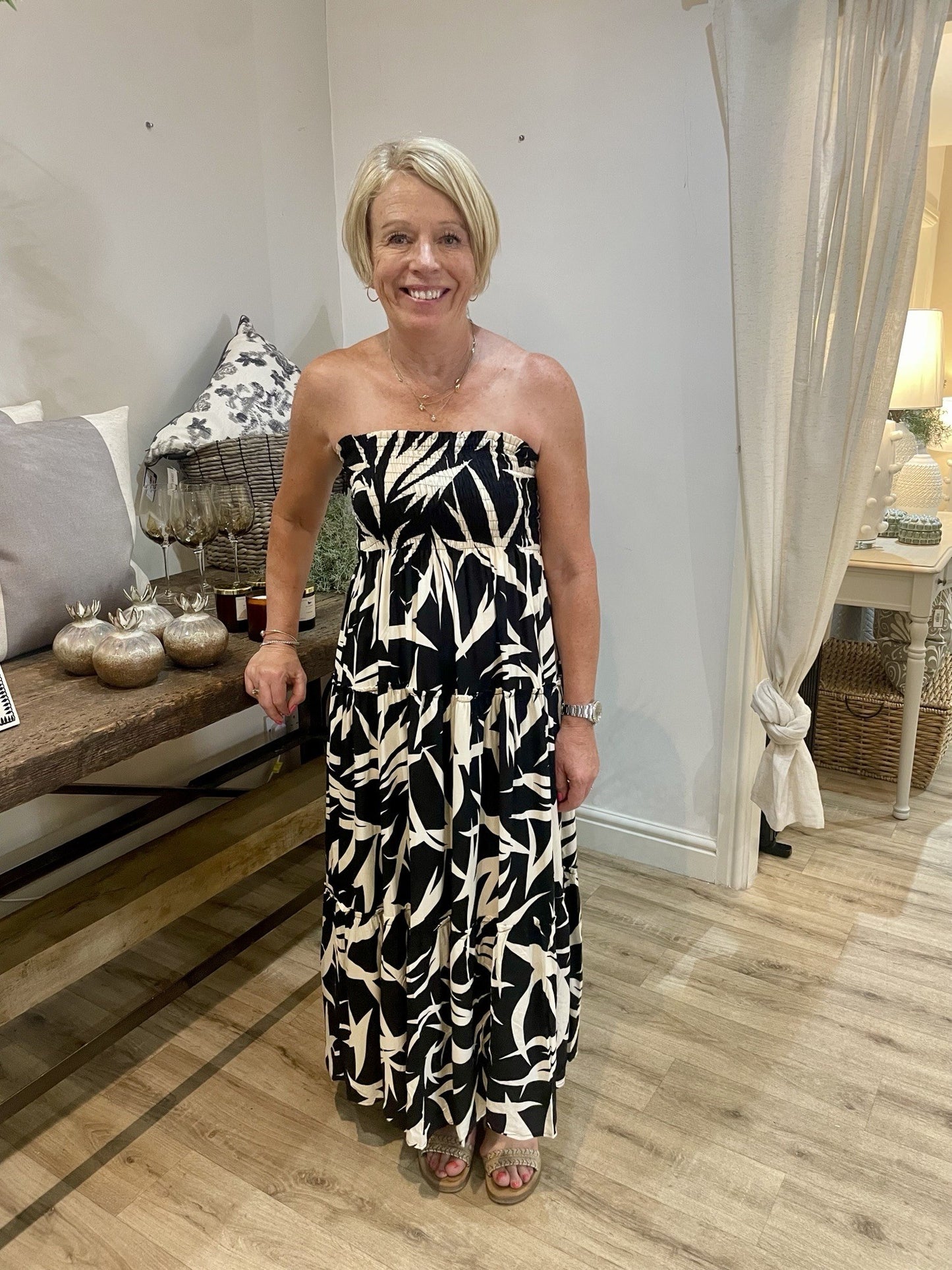 Black & White Palm Leaf Shirred Bust Strapless Dress