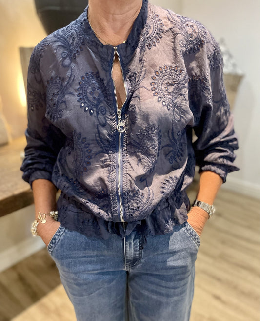 Navy Broderie Anglaise Bomber Jacket