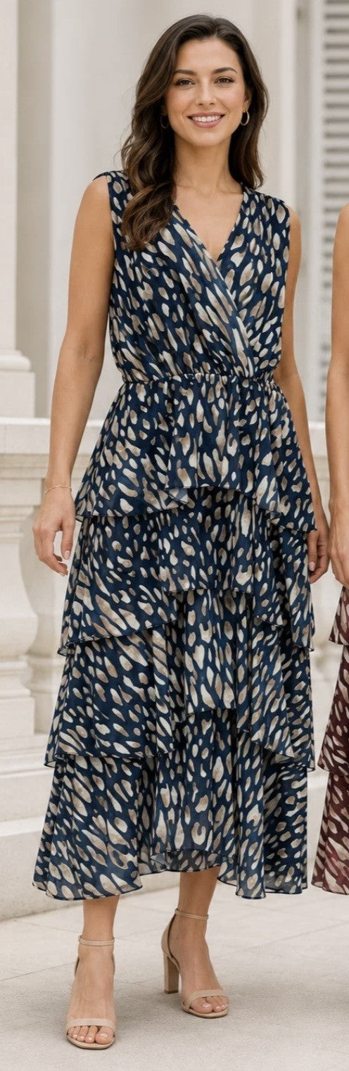 Navy Pebble Print Sleeveless Frilled Dress