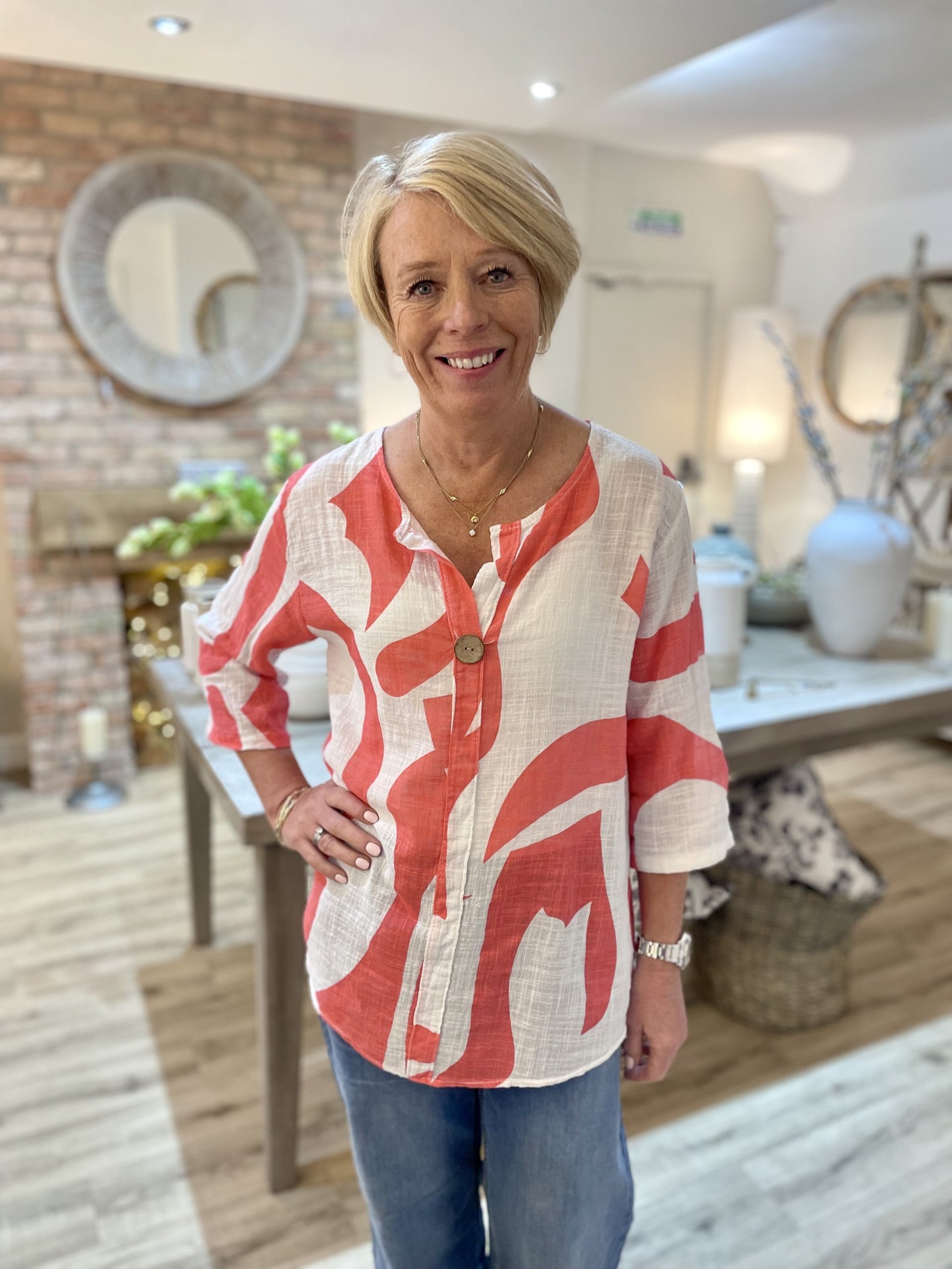 Coral & White Mono Print Button Shirt