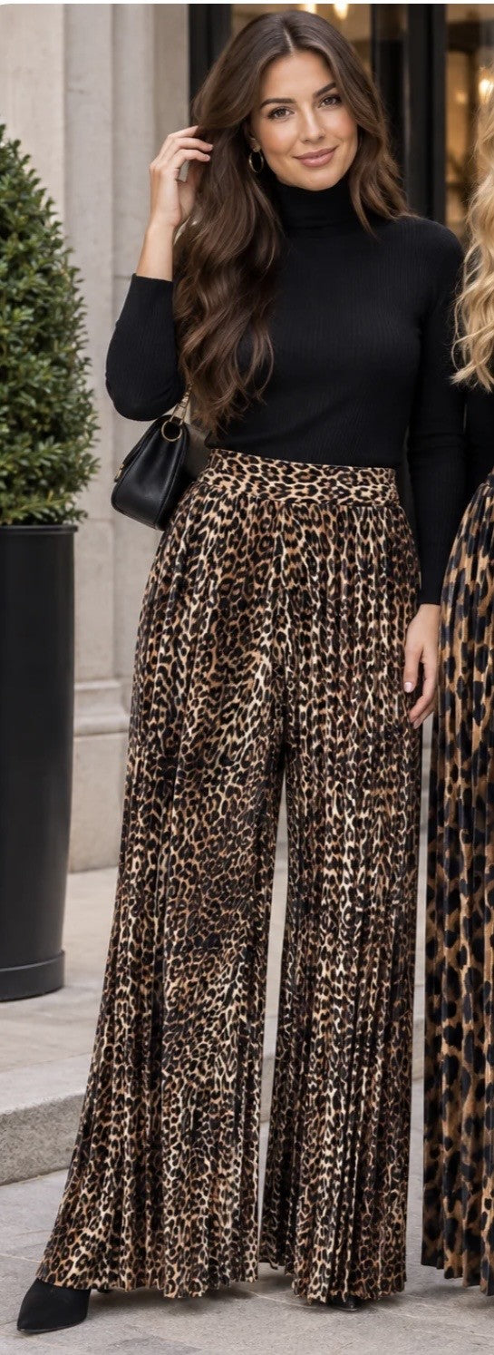 Plisse Velvet Velour Wide Leg Trousers with Small Leopard Print
