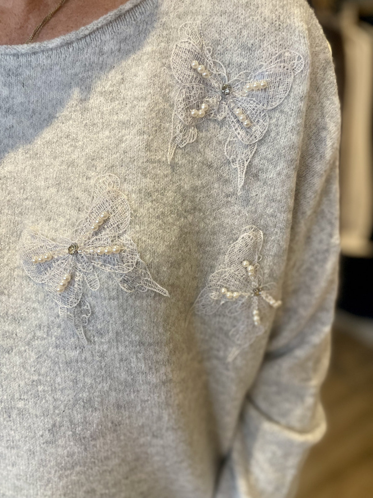 Light Grey Mesh Butterfly Fine Knit Top