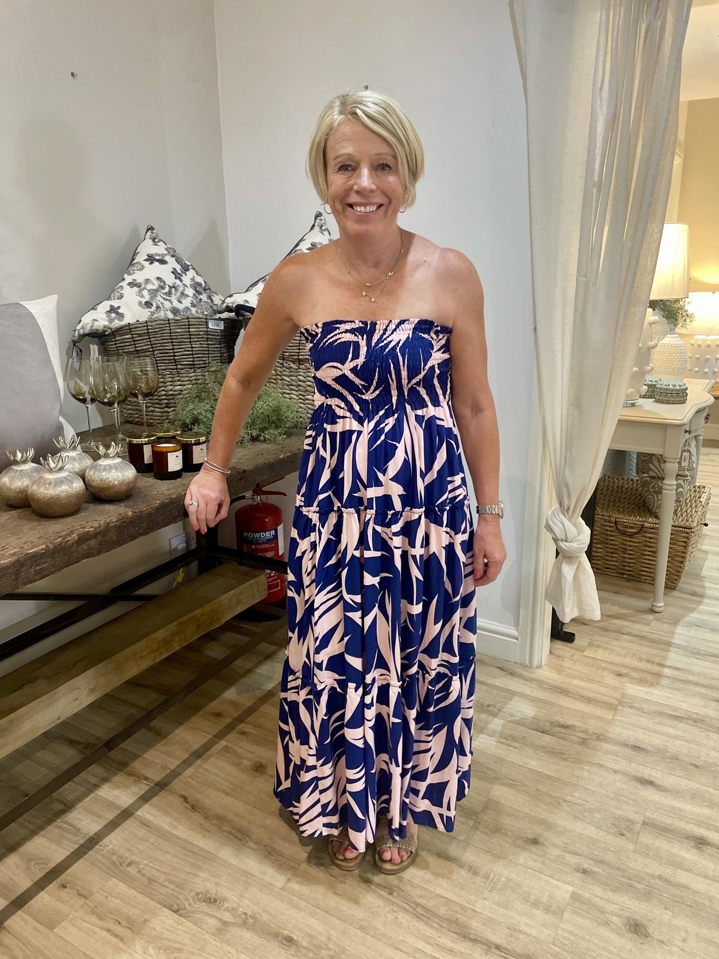 Navy & Pink Palm Leaf Shirred Bust Strapless Dress