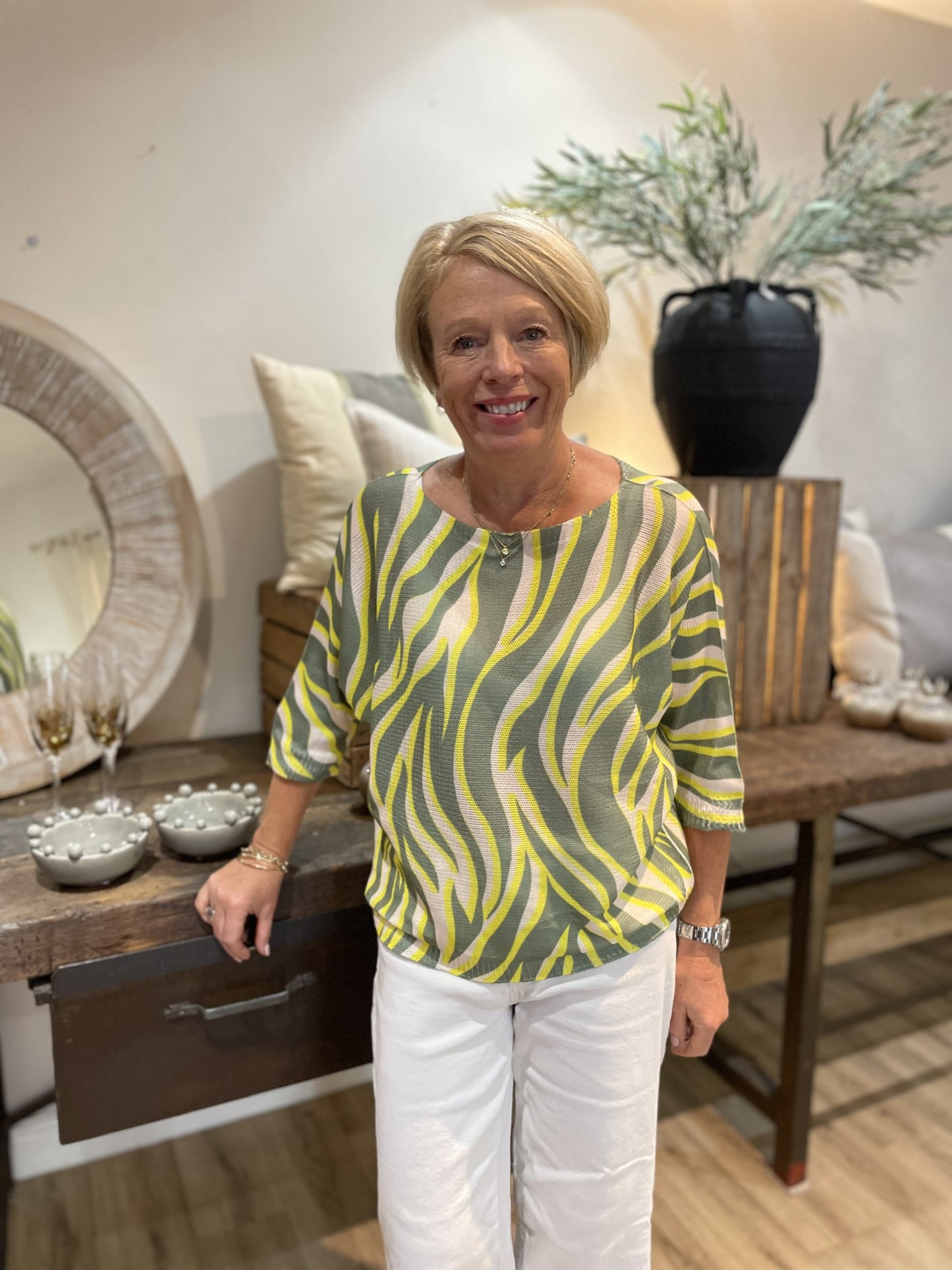 Lime Green Abstract Print Mesh Top