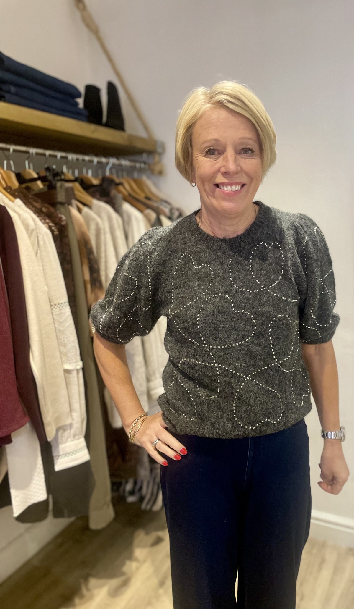 Charcoal Grey Sequin Heart Soft Touch Short Sleeve Knit Jumper