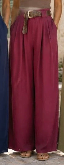 Burgundy Wide Leg Belted Trousers