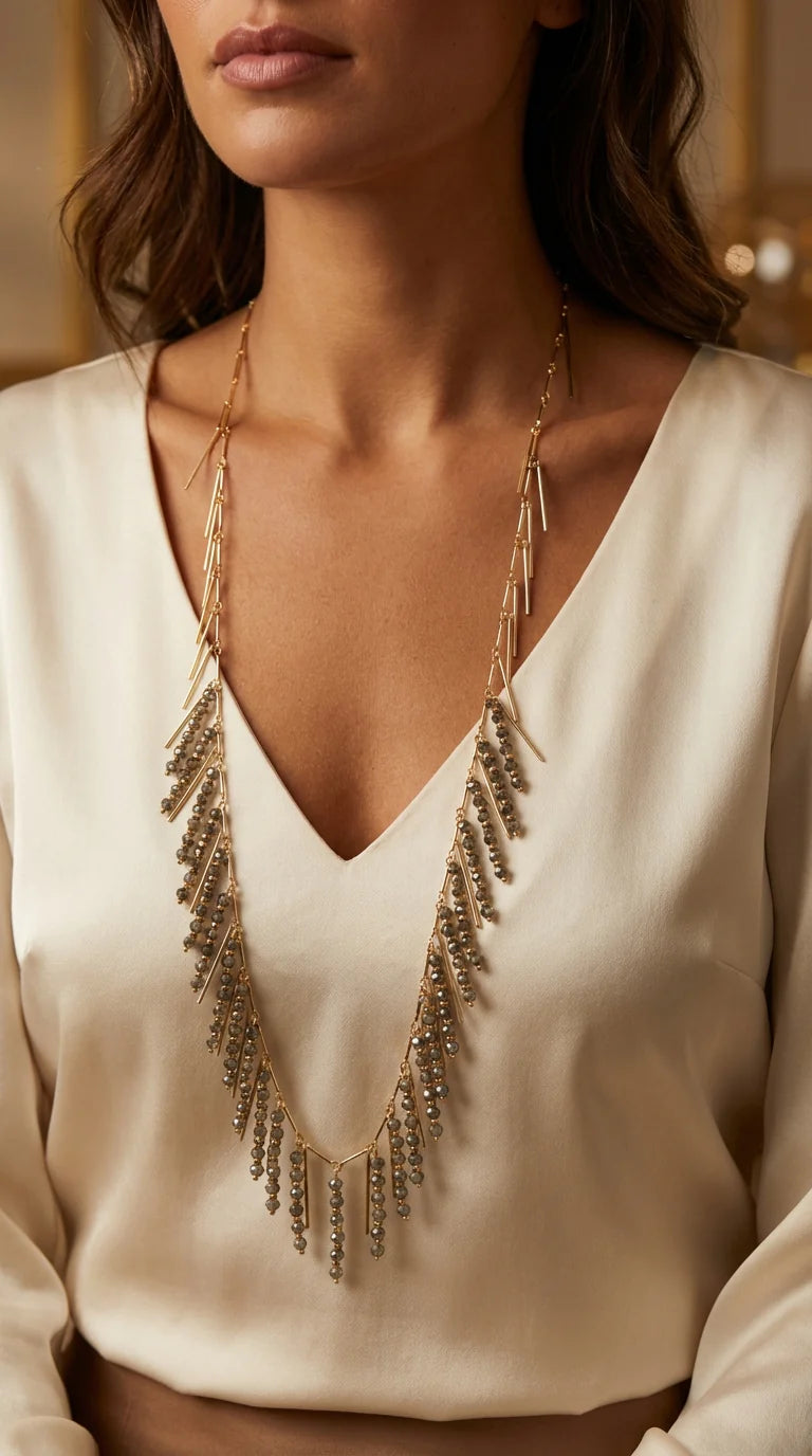 Envy Long gold and grey fringe necklace