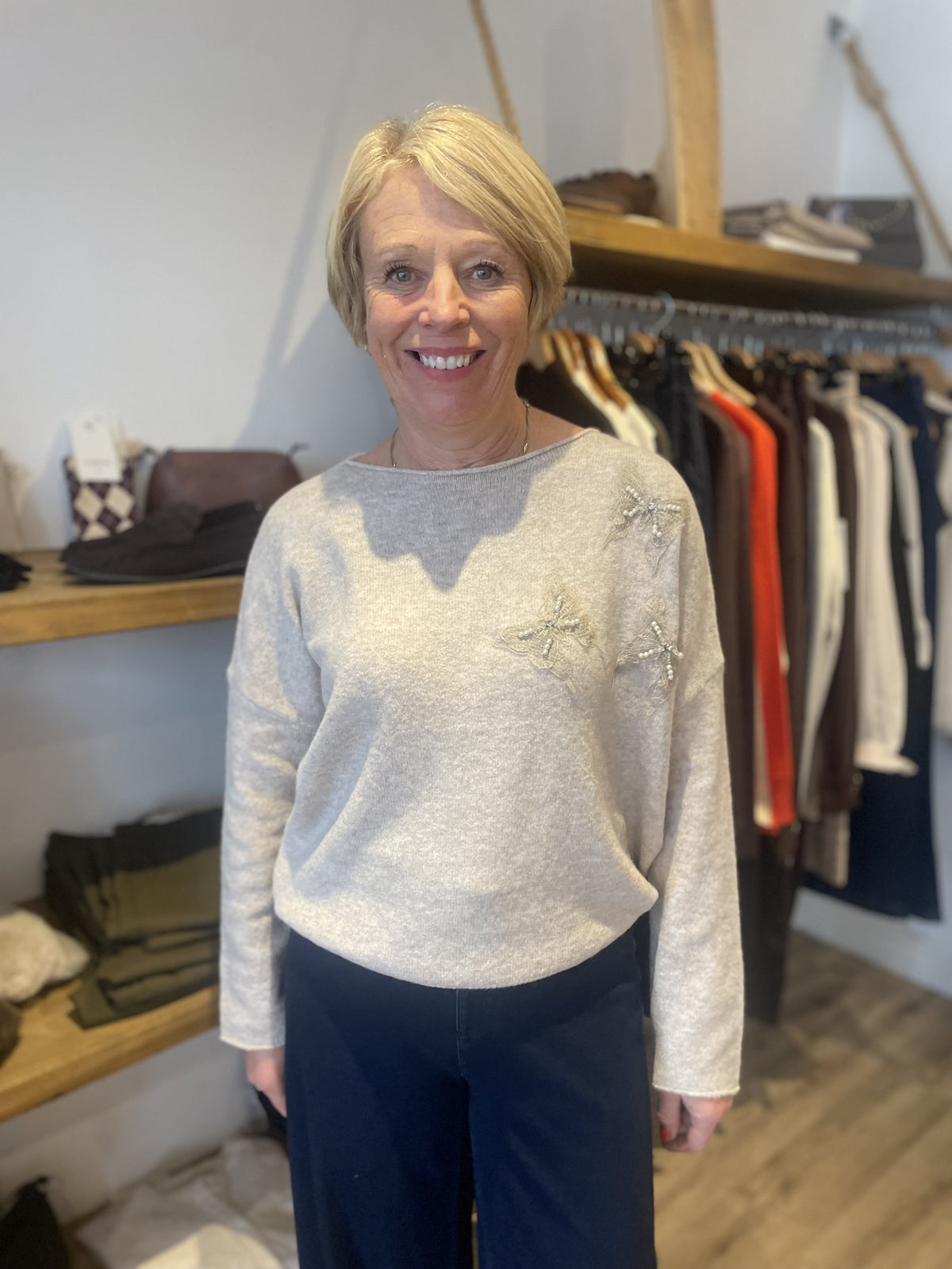 Beige Mesh Butterfly Fine Knit Top