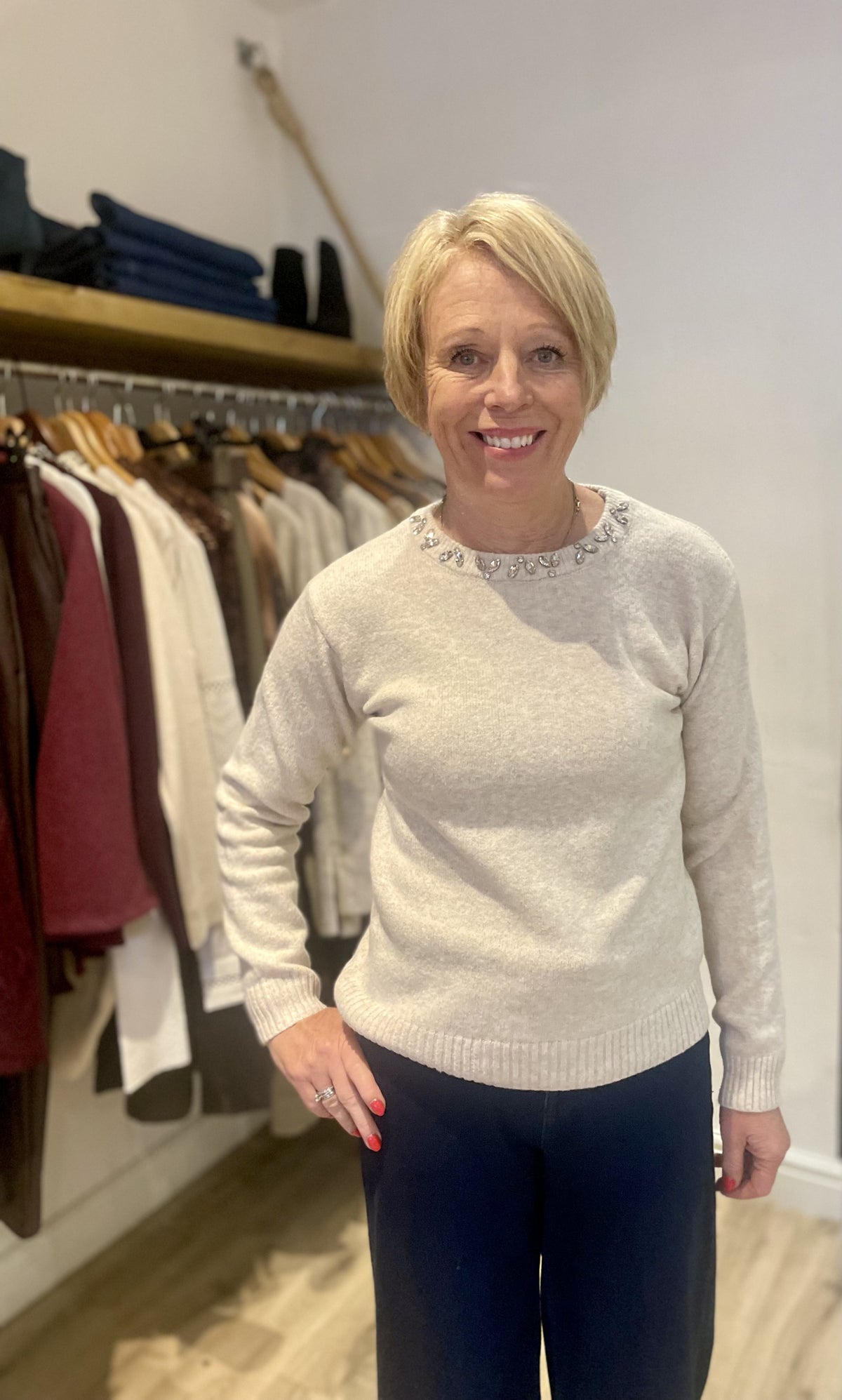 Cream Crystal Neck Soft Touch Knit