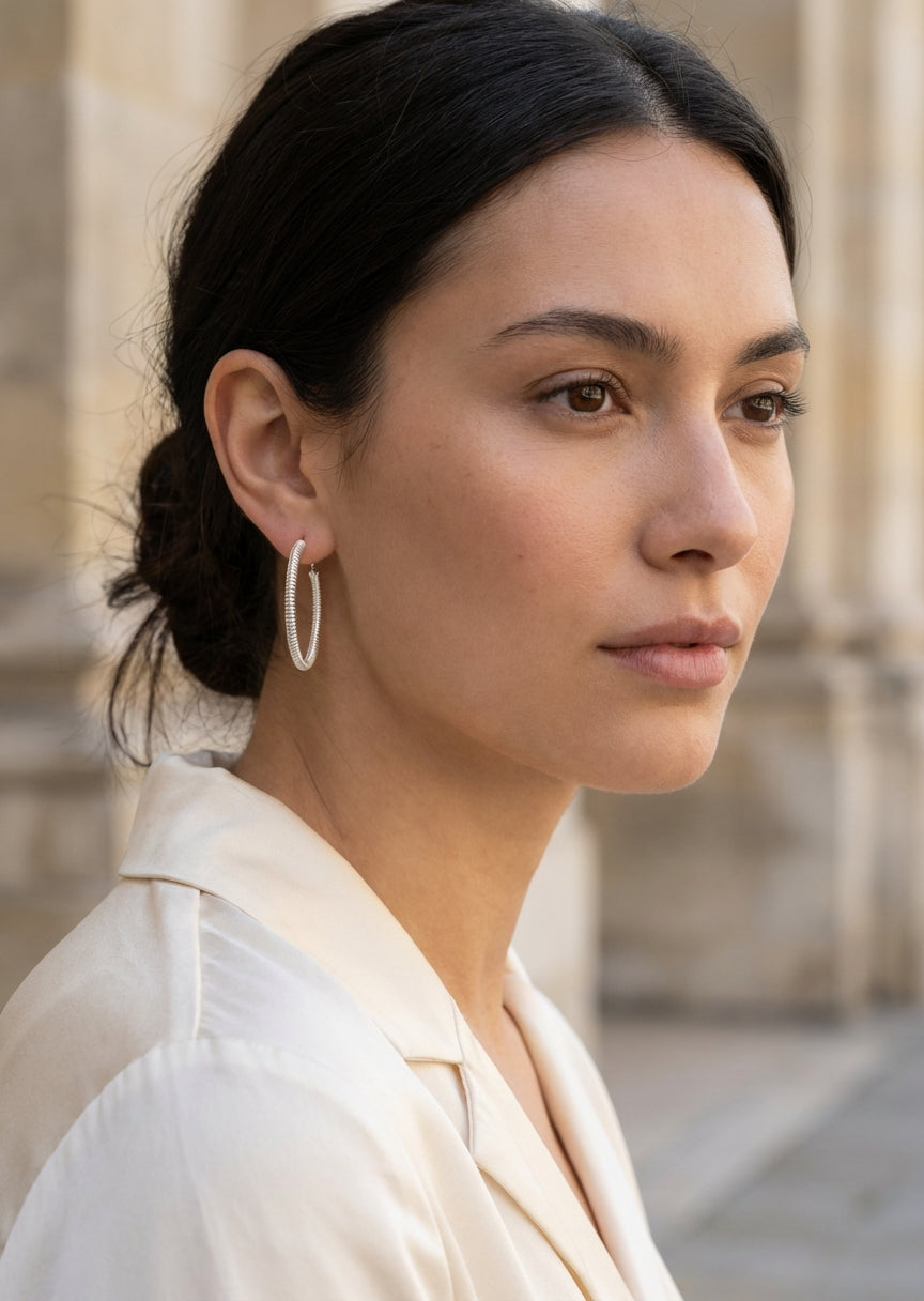 Envy Silver large ridged hoop earrings
