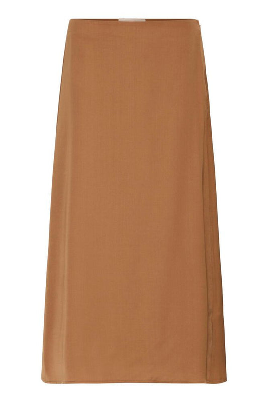 Tan Satin Look A-Line Midi Skirt