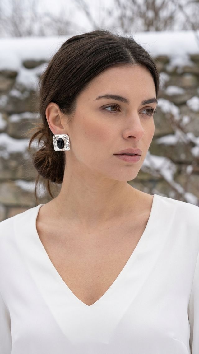 Silver Square Earring with Black Resin Detail