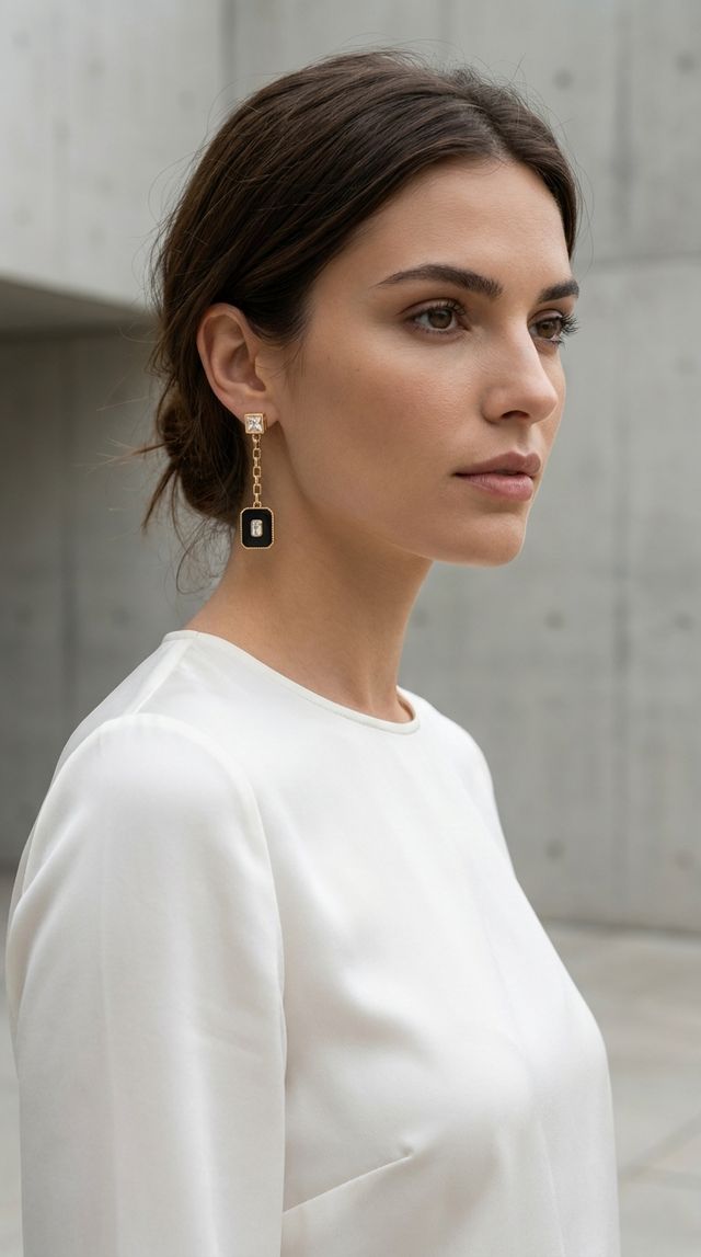 Gold Drop Earrings with Crystal & Black Square Detail