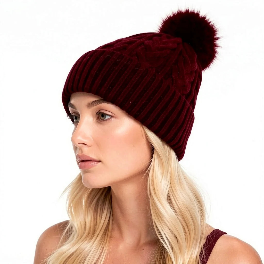 Burgundy Cable Knit Hat with Pom Pom