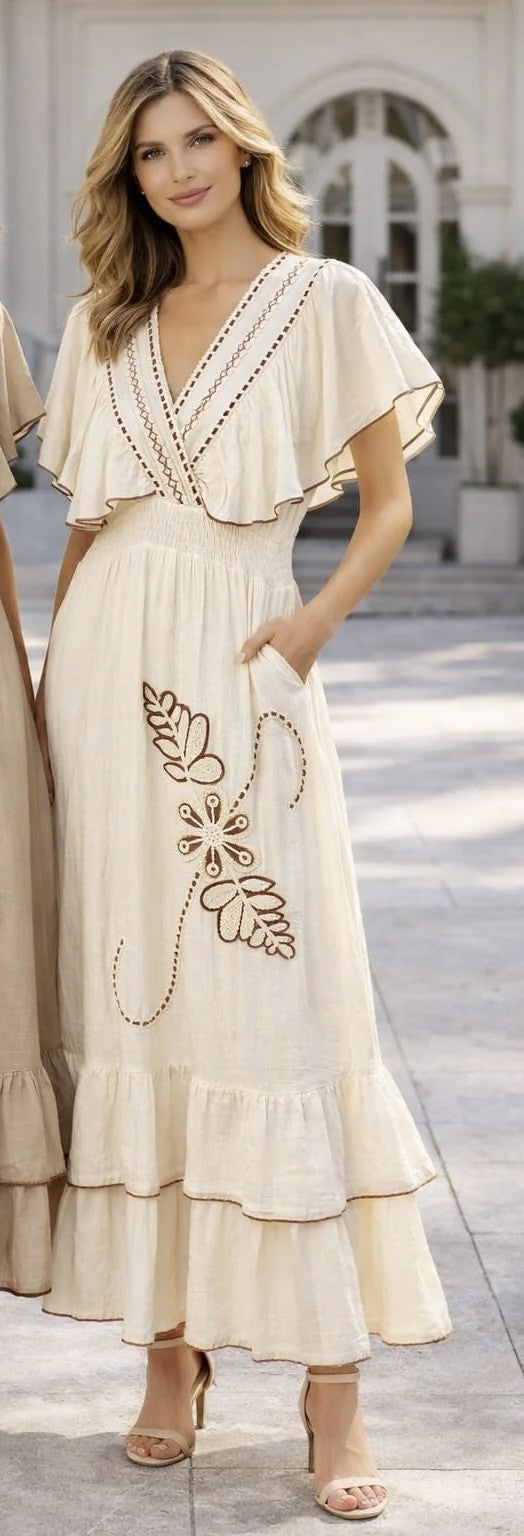 Cream V Neck Embroidered Flutter Sleeve Dress