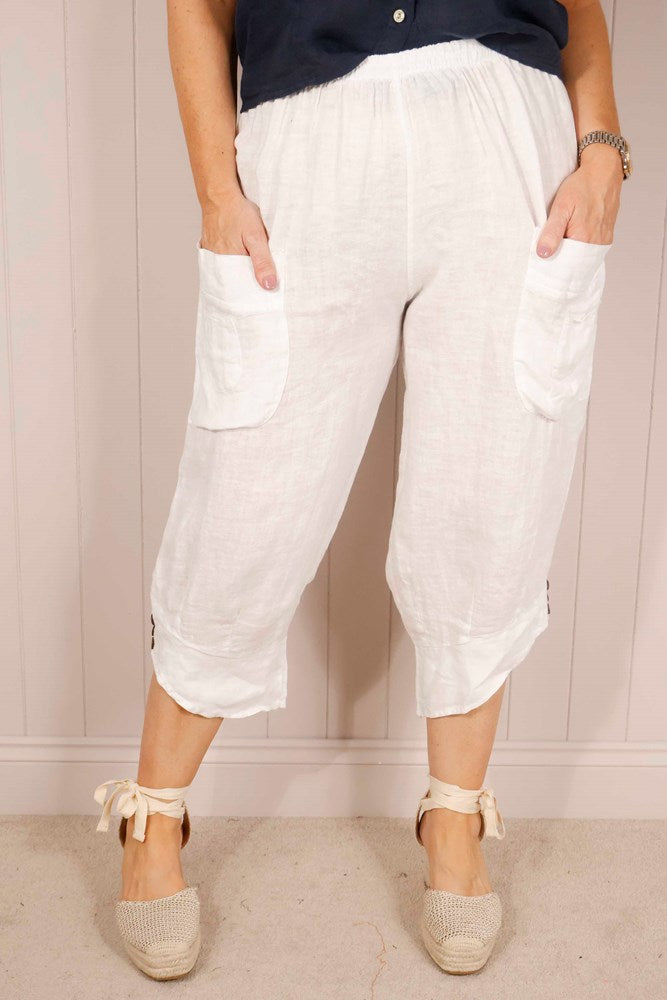 White Linen Button Detail Trousers