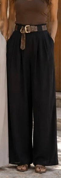 Black Wide Leg Belted Trousers
