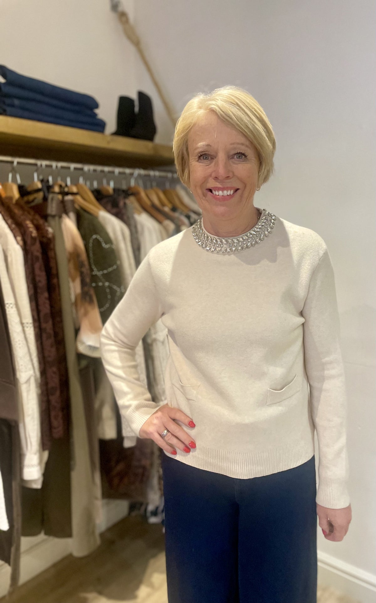 Cream Crystal Neck Faux Pocket Knit Jumper