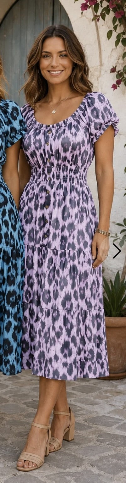 Lilac Animal Print Button Midi Dress