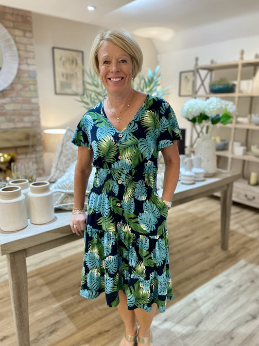Green & Blue Leaf Print Button Midi Dress