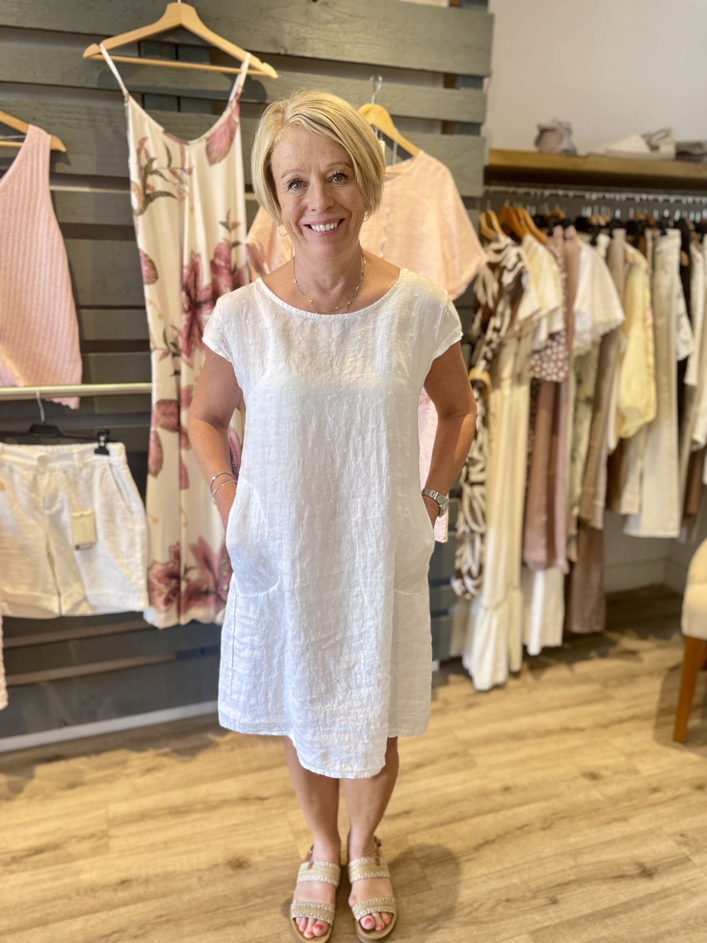 White Cap Sleeve Linen Dress