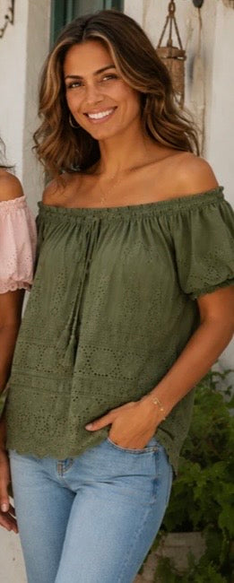 Khaki Broderie Anglaise Top