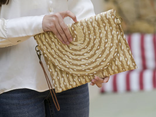 Cream & Taupe Stripe Natural Raffia Bag