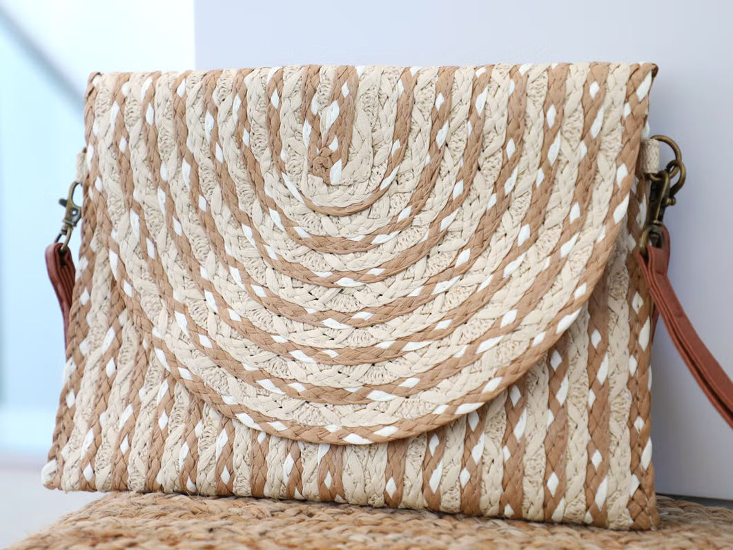 Cream & Taupe Stripe Natural Raffia Bag