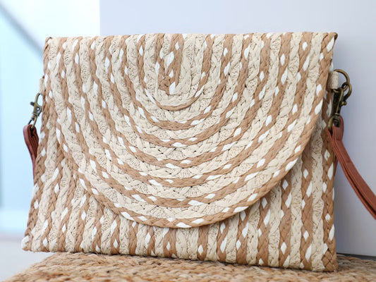 Cream & Taupe Stripe Natural Raffia Bag