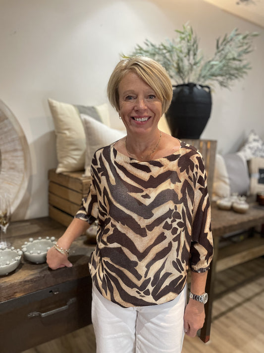 Chocolate Zebra Print Mesh Top