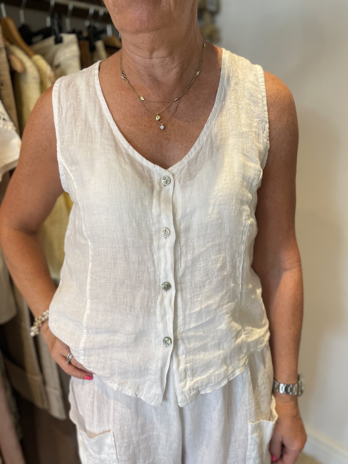 White Linen Button Waistcoat