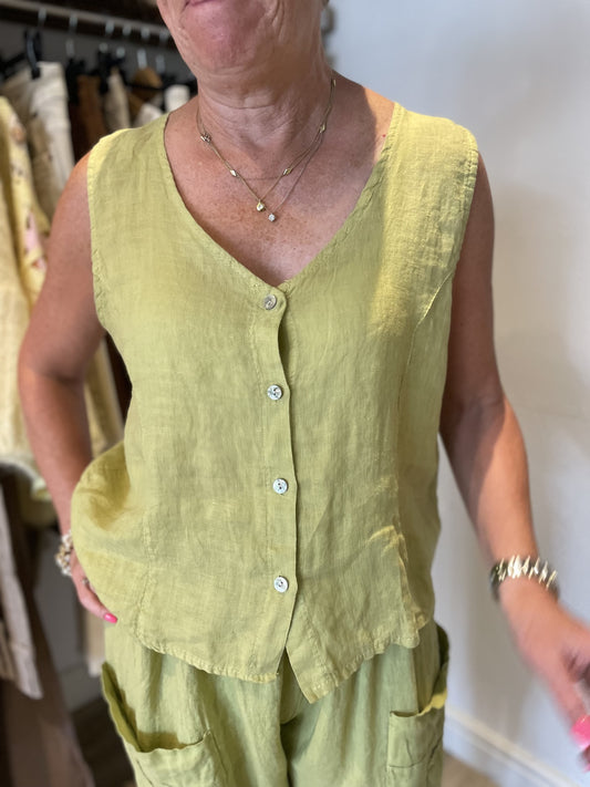 Lime Linen Button Waistcoat