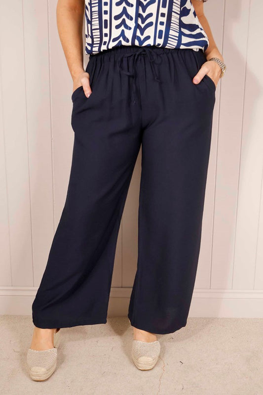Navy Plain Elasticated Waist Trousers